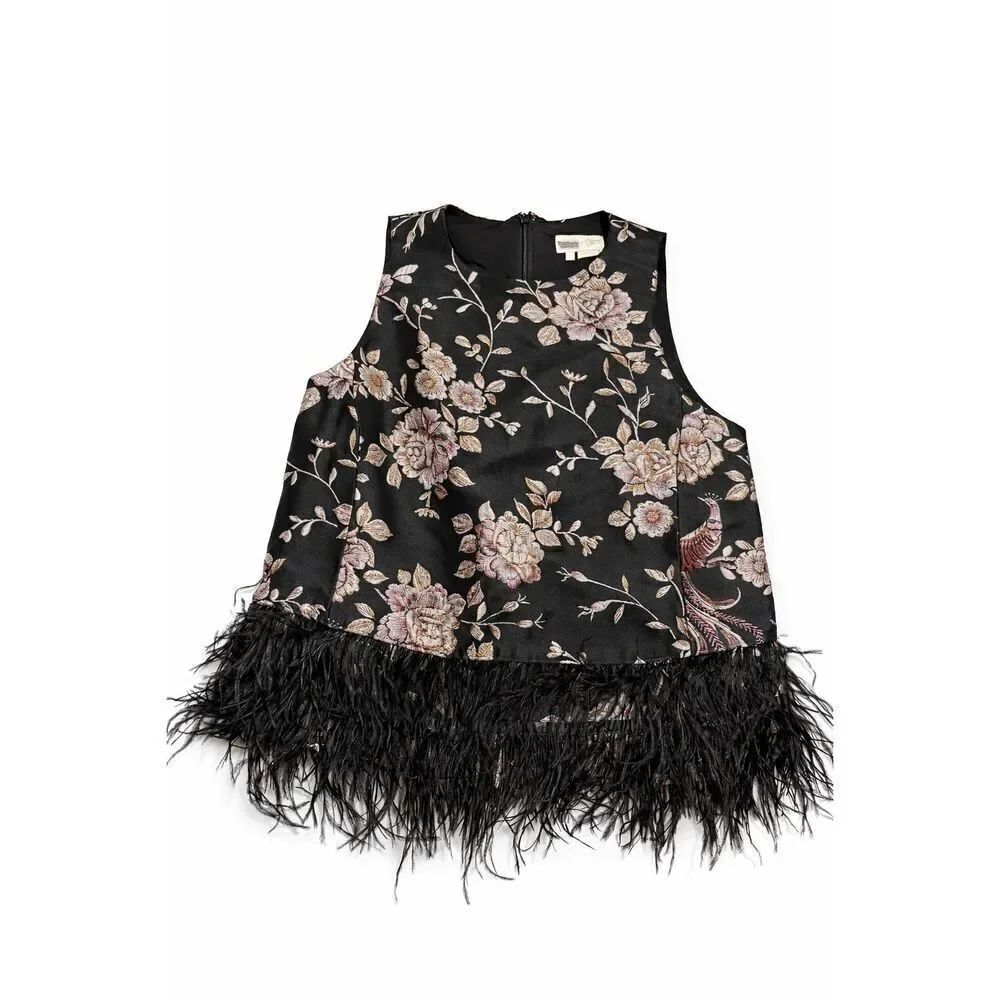 Kate Spade Madison Ave Chinoiserie Padma Black Feathers Sleeveless Top Womens 2